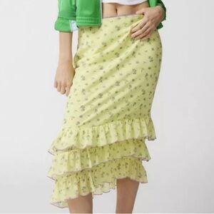 🟠NWT KIMCHI BLUE Lenora Chiffon Ruffle Midi Skirt in Bright Yellow/Purple Floral